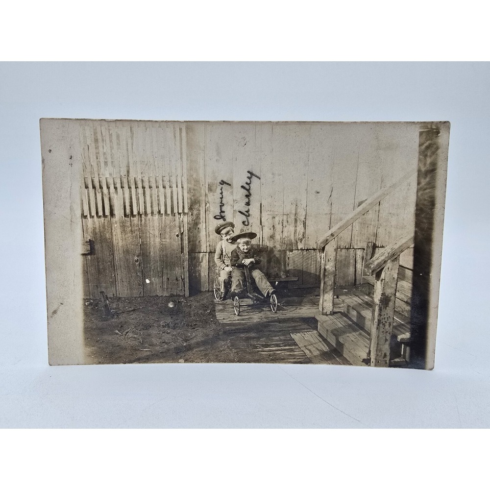 Antique RPPC Postcard Real Photo 2 Boys 4 Wheel Cart Toy Early 1900s